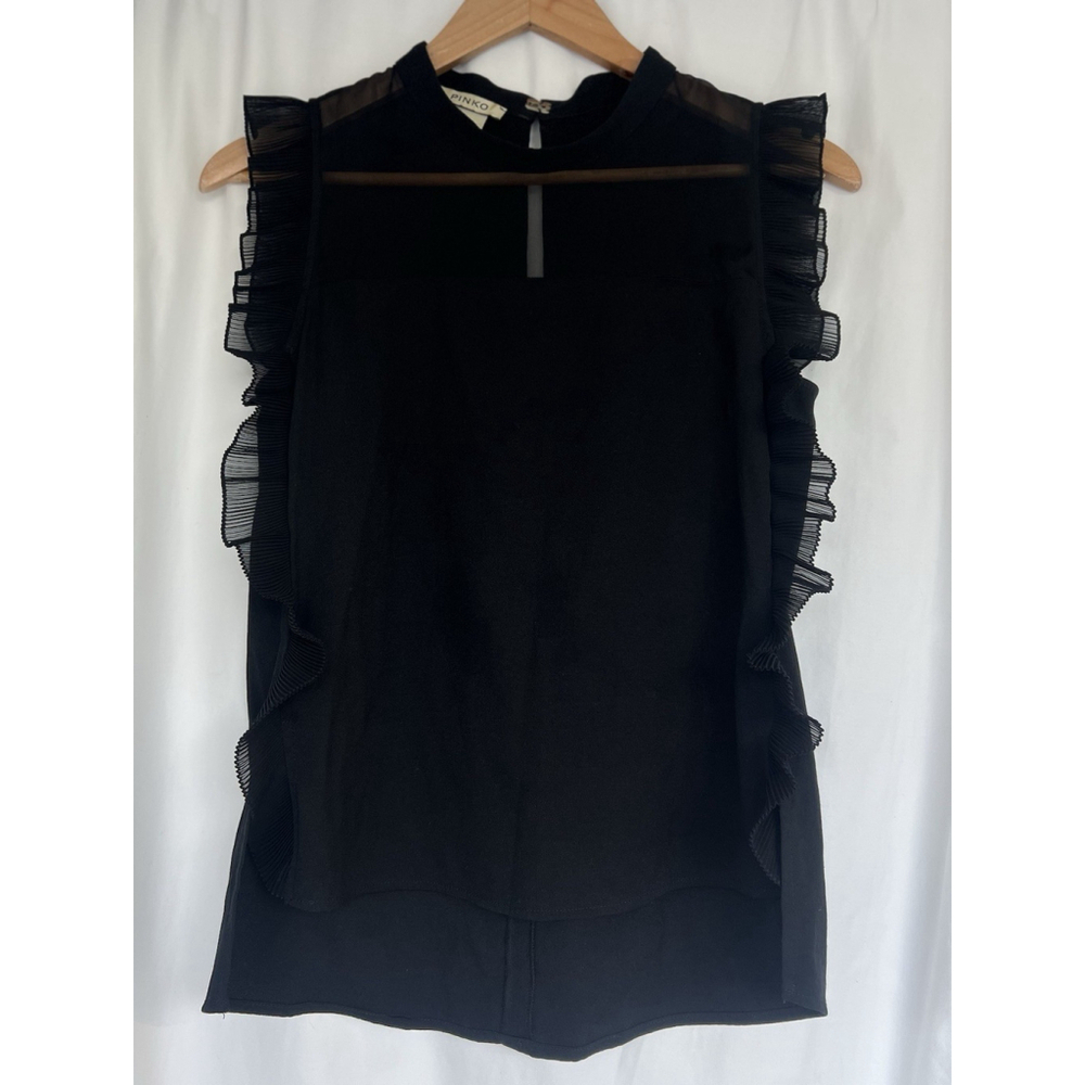Pinko Black Ruffle Sleeve Sheer Panel Silk Blouse Size US 4 Made in Italy Luxury